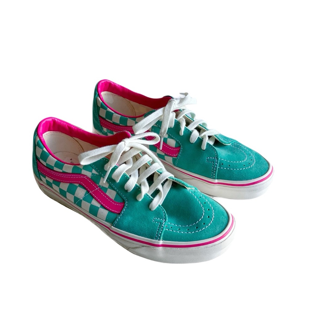 Vans Sk8 Low Top Sneakers Size 9.5 Suede Teal Pink Checkerboard Limited Edition